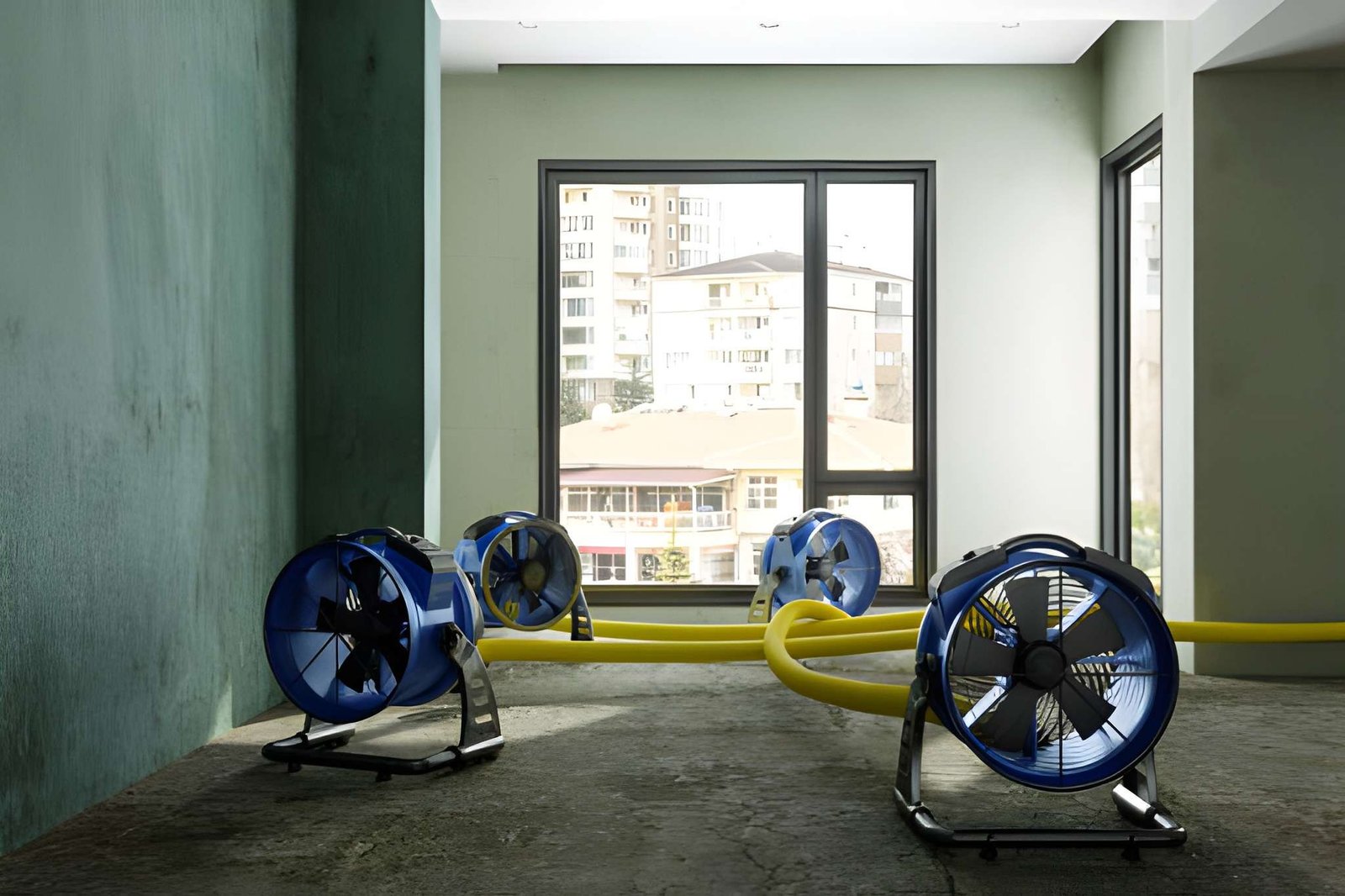Technician setting up commercial dehumidifier and air mover for structural drying in home
